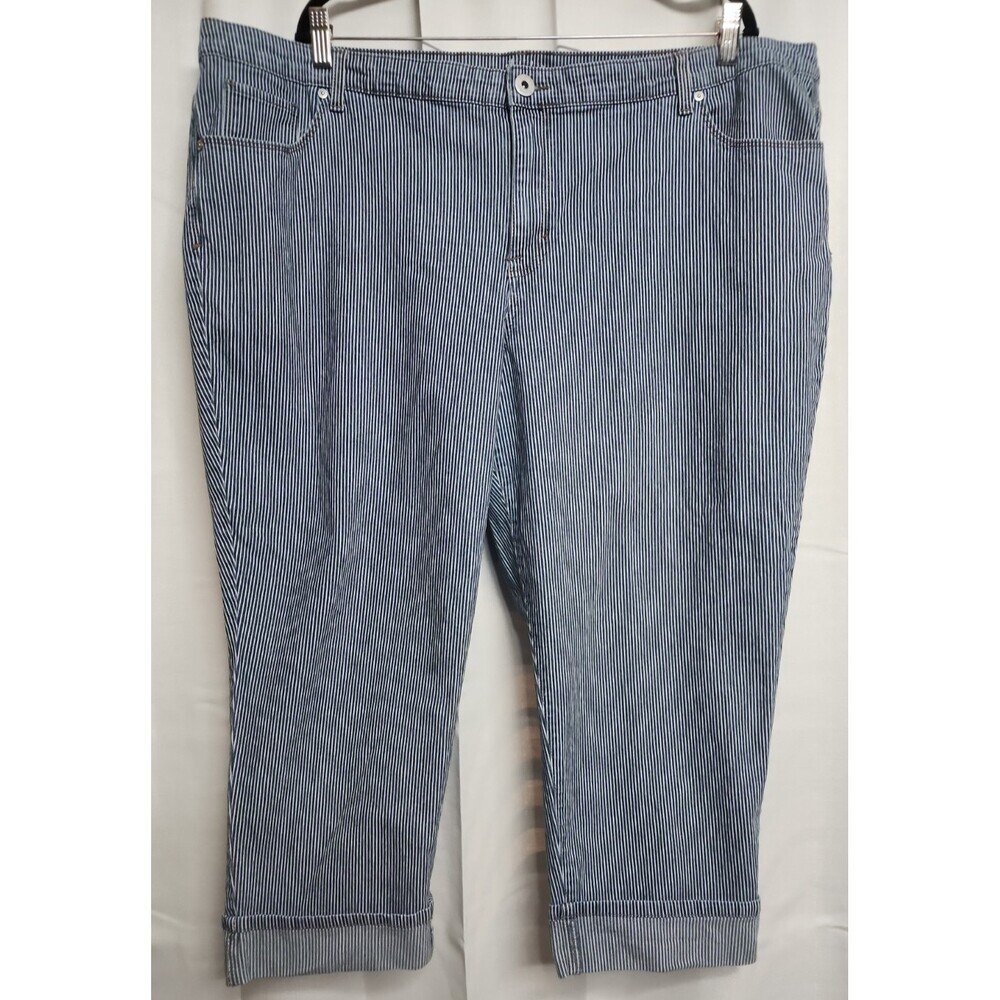 Style & Co Plus Size 24W Blue White Railroad Striped Curvy Capri Stretch Jeans